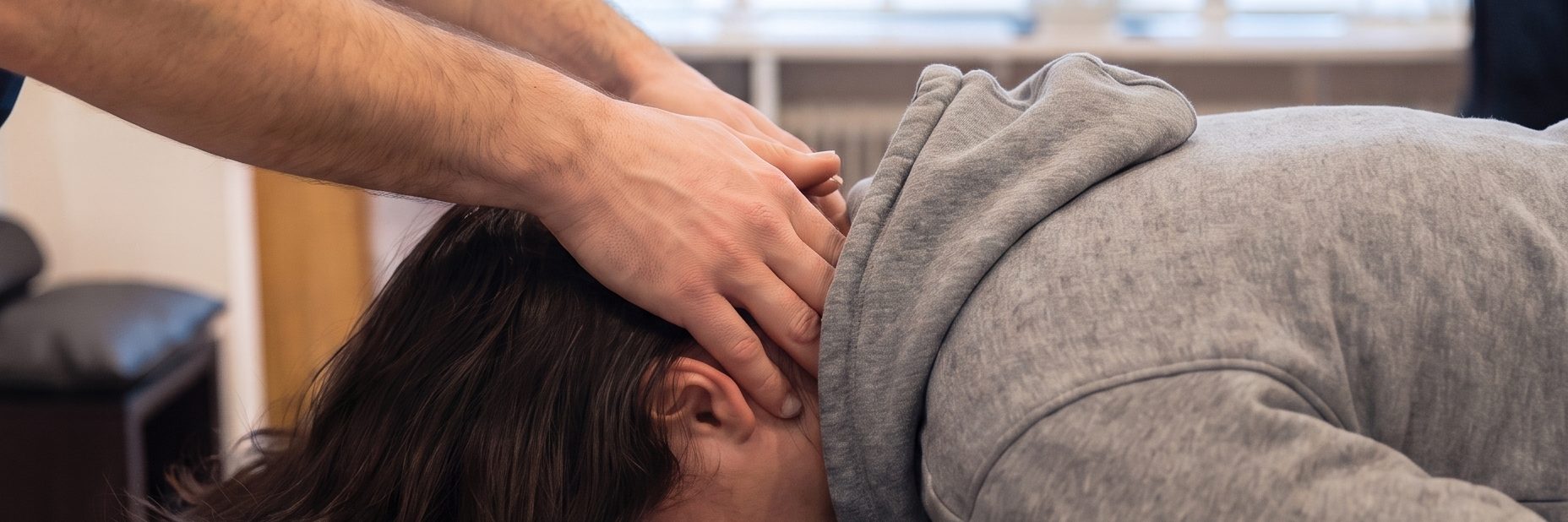 Chiropraktischer Handgriff an der Halswirbelsäule, ruhig und kontrolliert